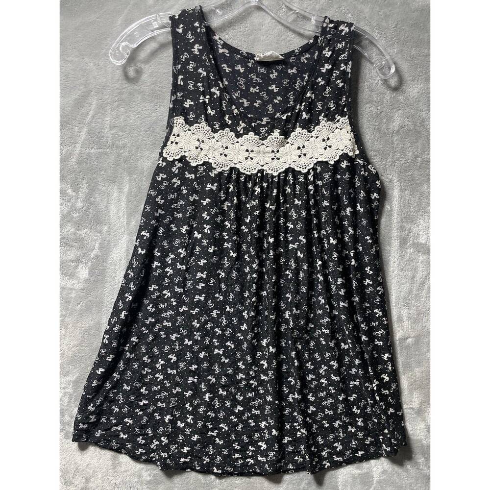 Siren Lily Maternity Sleeveless Blouse Black With White Bows & Lace Decor Large